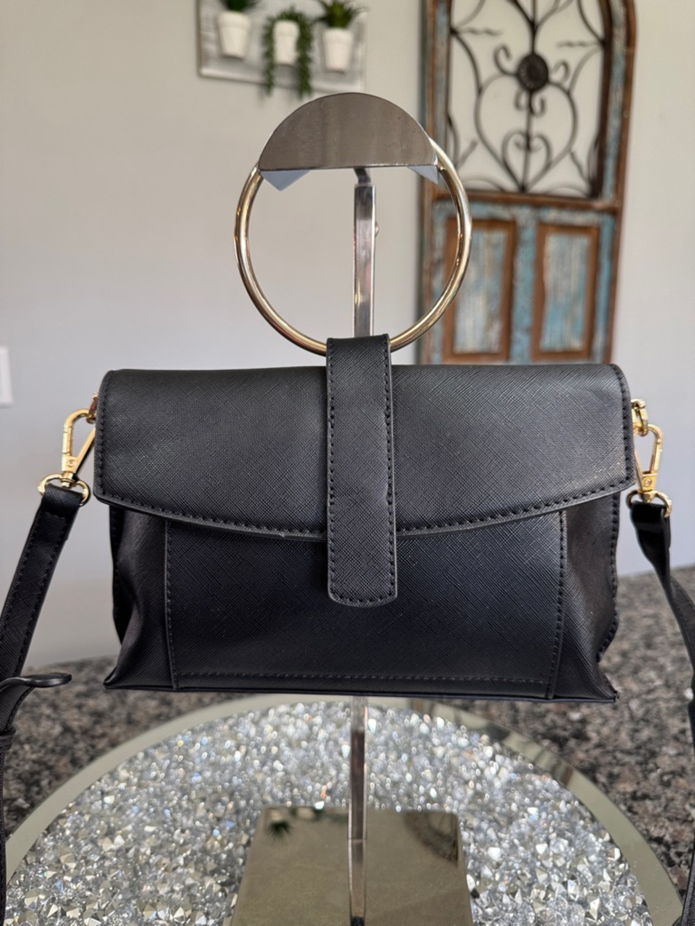 Starlet Black Crossbody Bag with Gold Accents EUC